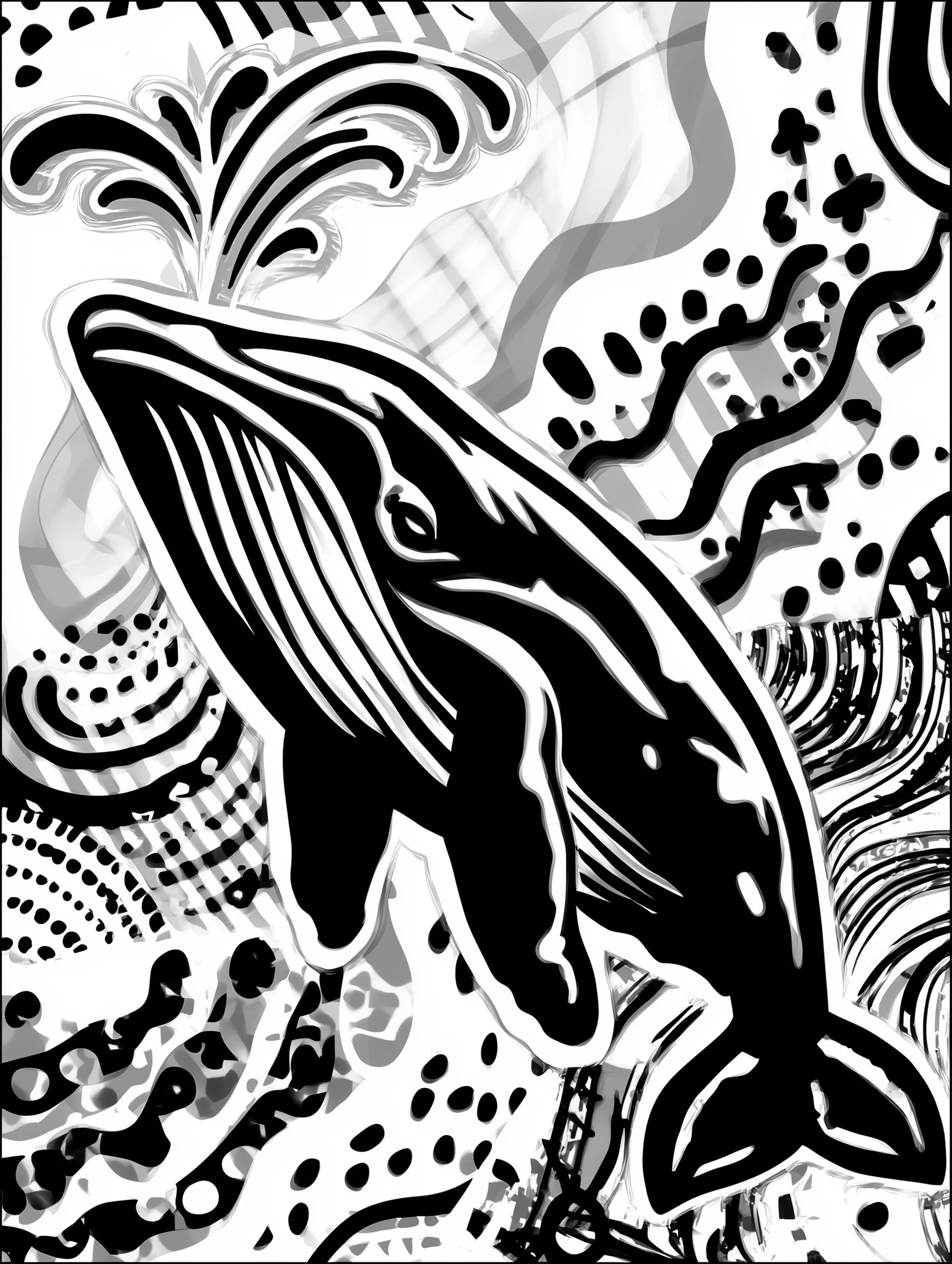 Free printable underwater coloring page for adults featuring a whale swimming left